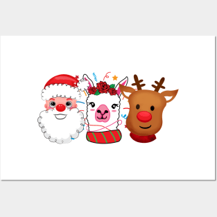 Trio Christmas Santa Llama Reindeer Rudolph Posters and Art